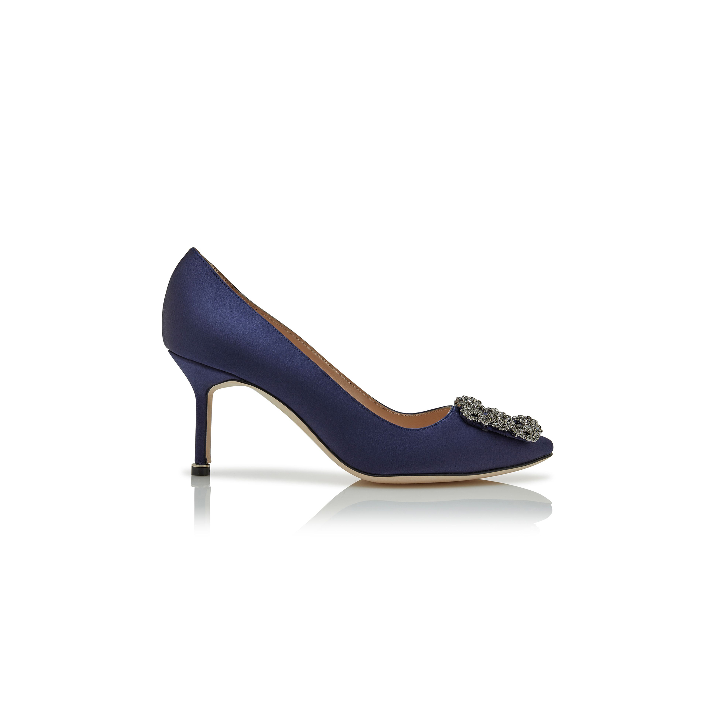 MANOLO BLAHNIK HANGISI 70 NAVY BLUE SATIN JEWEL BUCKLE PUMPS 9XX-0662-0050